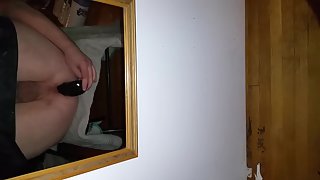 Playing with my big dark-hued faux-cock in the mirror, at home alone playing