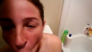 Amateur girl interracial blowjob in bathroom enjoys black cock