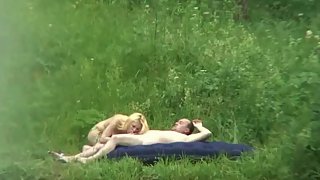 Cute blonde giving her balding lover oral and total sex outdoors