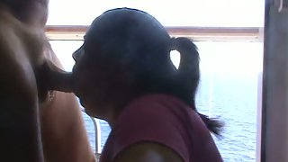 Chubby wifey on cruise ship sucking off a dangled passenger