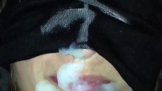 Perfect facial cumshot on pretty wife's face