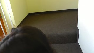 Hot brunette getting cum all over her fun bags after being butt-banged on the stairs