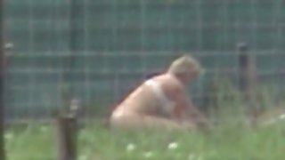 Youthful blonde stable girl sex on public farmland with another worker