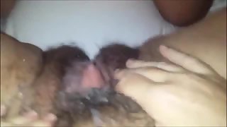 Hairy pussy with my cum in it up close