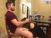 Hot cowgirl gargles and fucks a stiff dick on the chair